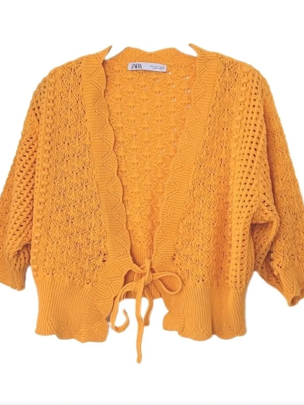 ZARA CROCHET OPEN COTTON KNIT CROPPED BELTED ORANGE CARDIGAN SIZE L